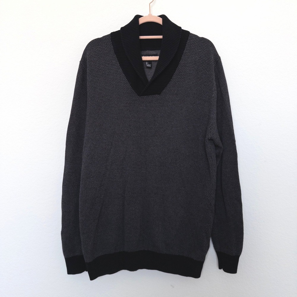 21MEN Shawl Collar Sweater Size‎ L Gray Knit Pullover Classic Cozy Preppy